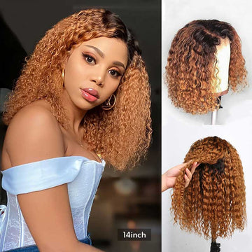 Ali Annabelle 1B/30 Short Curly Bob Wig Dark Roots Ombre Colored Human Hair Wigs